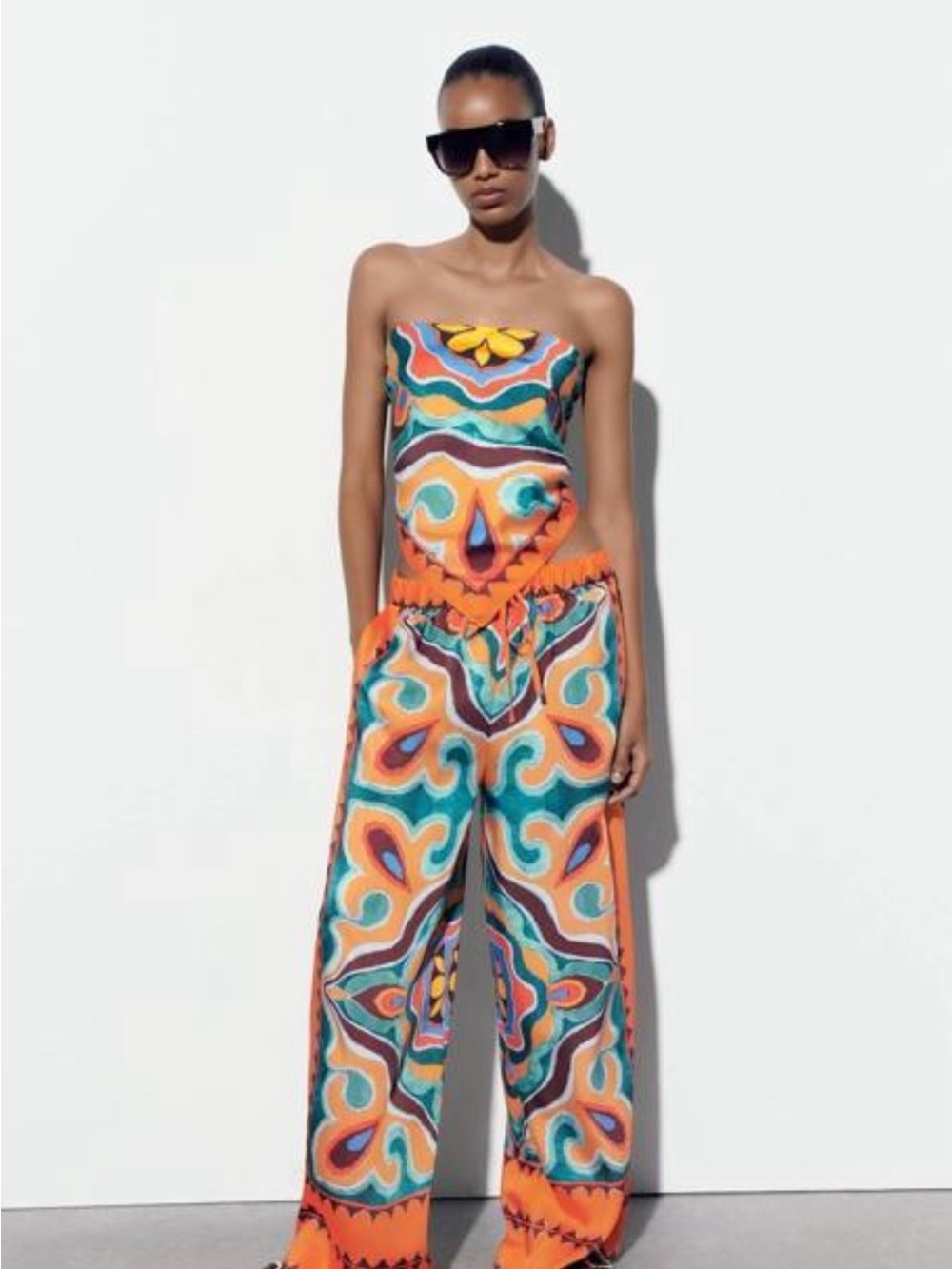 Zara Strapless Wide-Leg Jumpsuit in Orange, Teal & Yellow